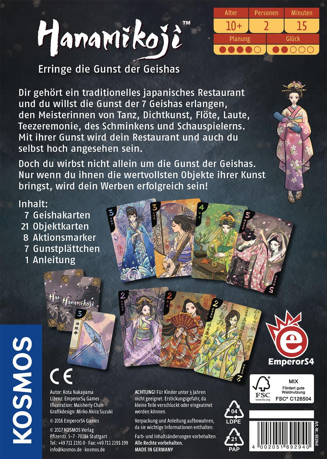 Rückseite: 4002051692940 | Hanamikoji - Erringe die Gunst der Geishas | Spiel für 2 Spieler