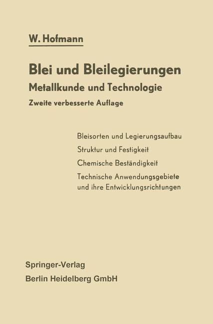 Cover: 9783642491191 | Blei und Bleilegierungen | Metallkunde und Technologie | Hofmann | xii