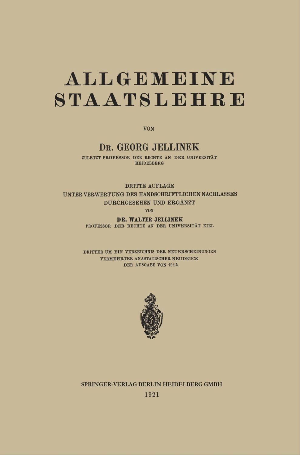 Cover: 9783662428221 | Allgemeine Staatslehre | Walter Jellinek (u. a.) | Taschenbuch | xli