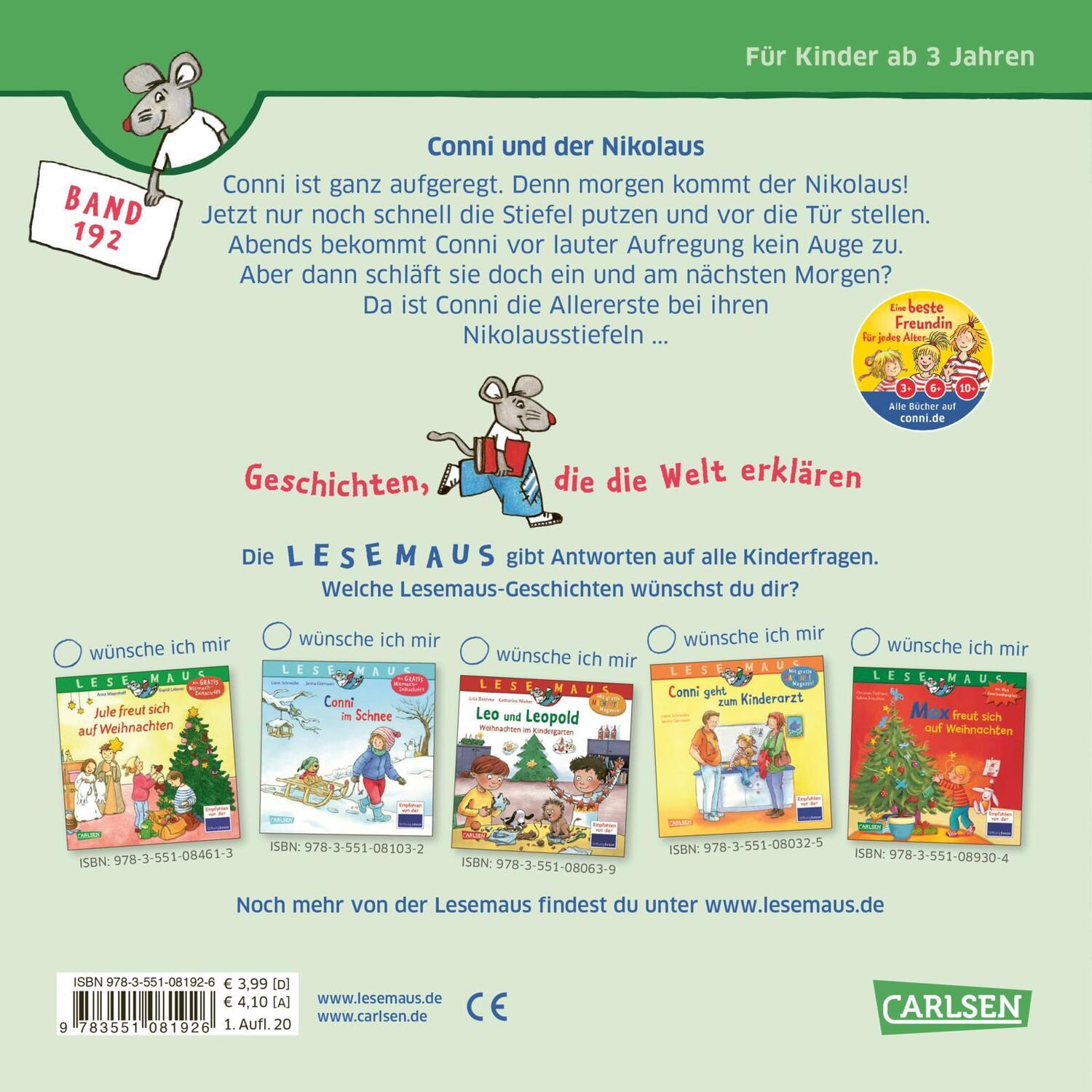 Rückseite: 9783551081926 | LESEMAUS 192: Conni und der Nikolaus | Liane Schneider | Taschenbuch