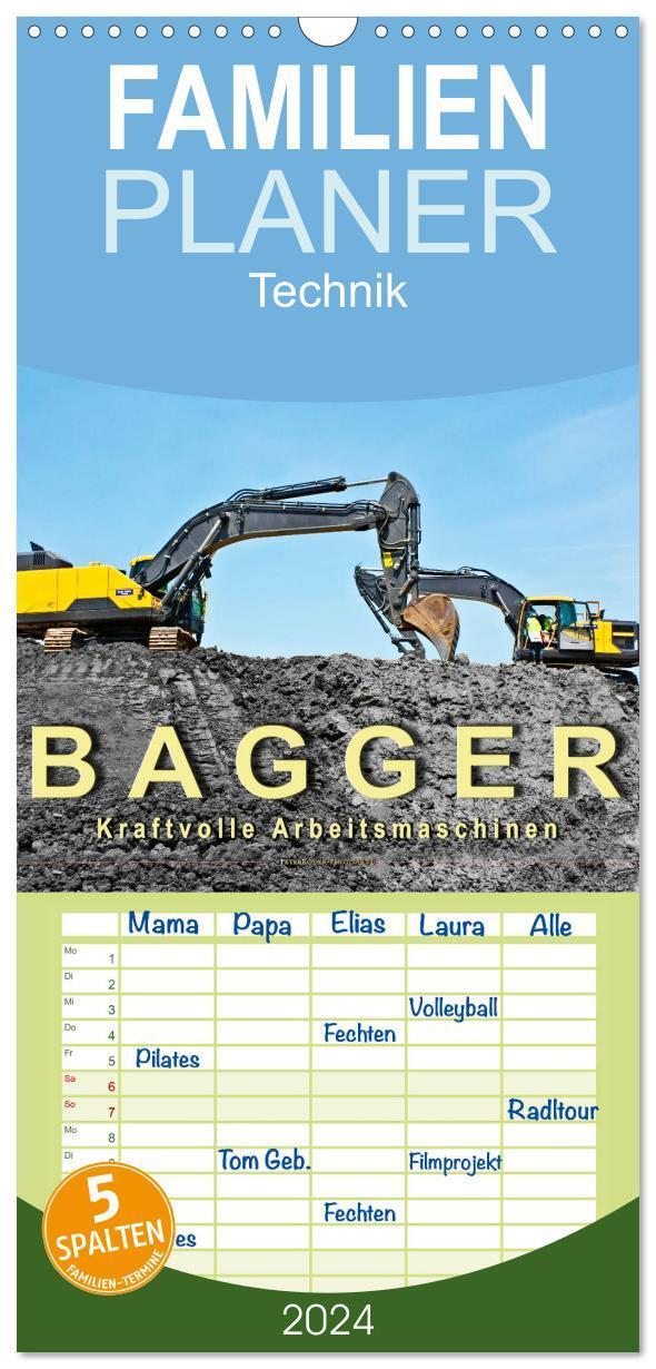 Cover: 9783383102356 | Familienplaner 2024 - Bagger - kraftvolle Arbeitsmaschinen mit 5...