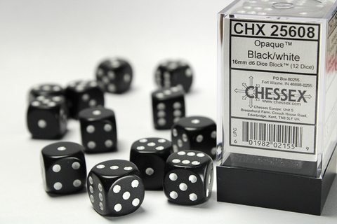 Cover: 601982021559 | Opaque 16mm d6 Black/white Dice Block™ (12 dice) | deutsch | Chessex