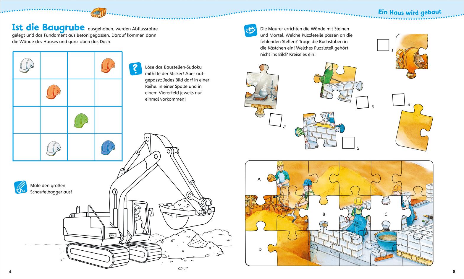 Bild: 9783788675653 | WAS IST WAS Junior Mitmach-Heft Baustelle | Spiele, Rätsel, Sticker