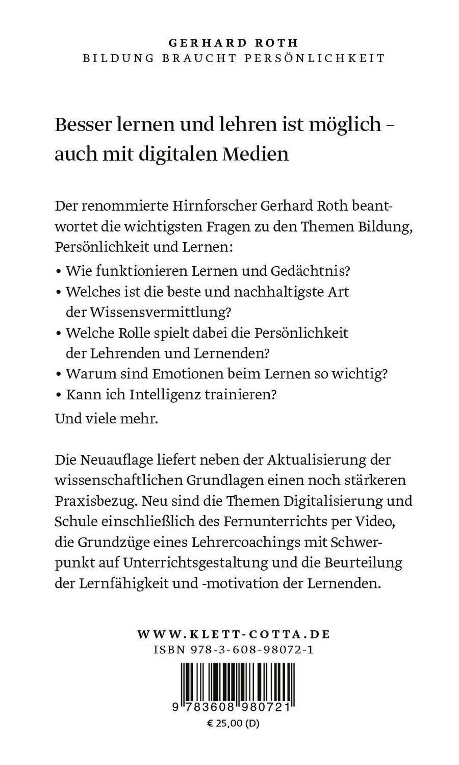 Rückseite: 9783608980721 | Bildung braucht Persönlichkeit | Wie Lernen gelingt | Gerhard Roth