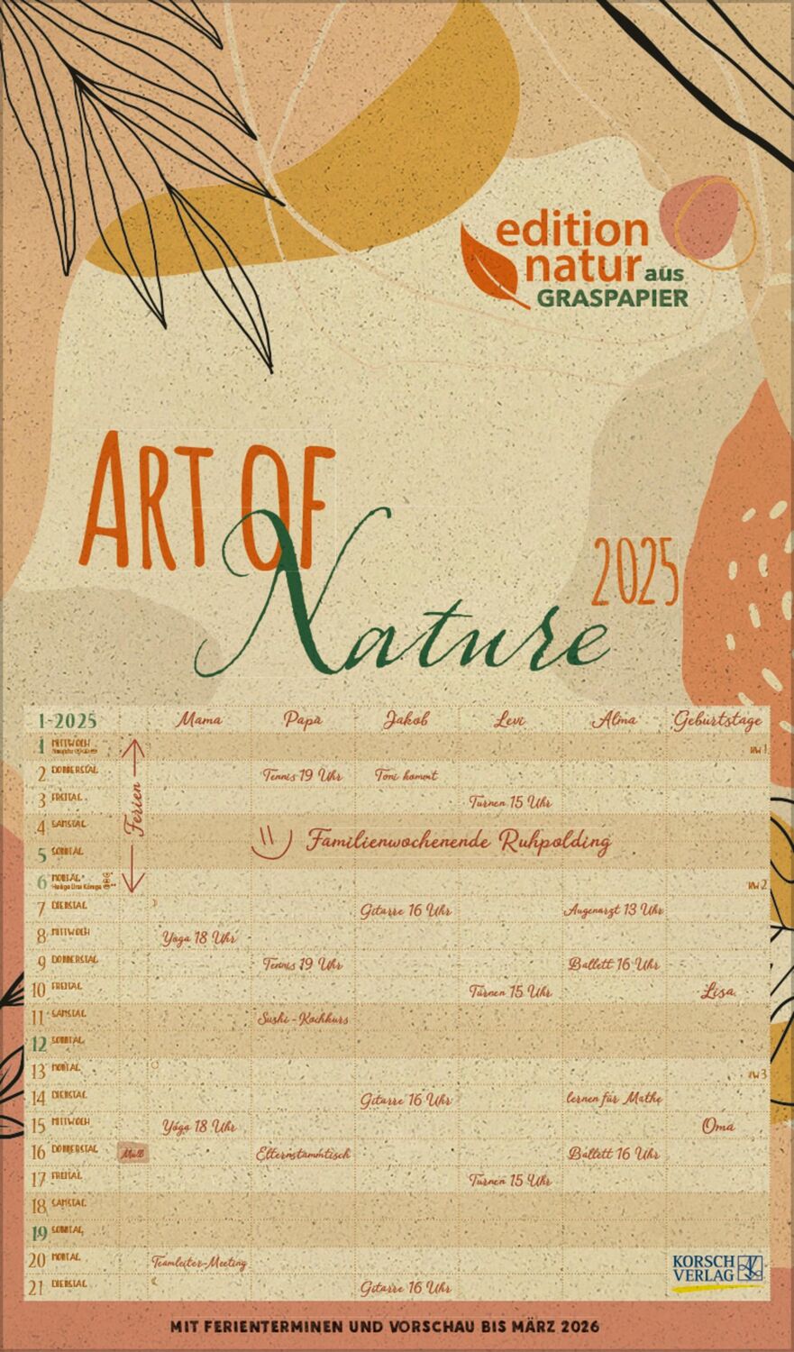 Cover: 9783731880400 | Familienplaner Art of Nature aus Graspapier 2025 | Verlag Korsch