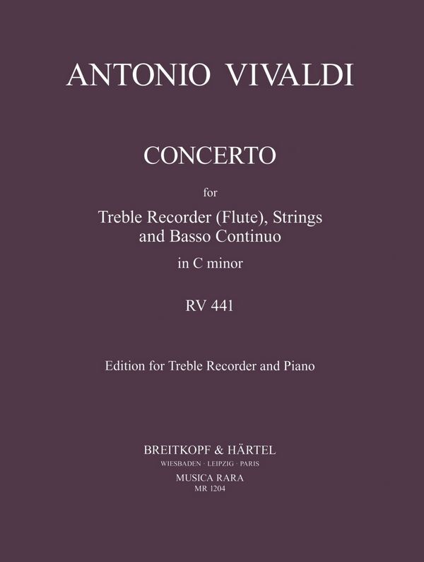 Cover: 9790004481288 | Flötenkonzert in c RV441 for treble recorder (fl), strings, bc for...
