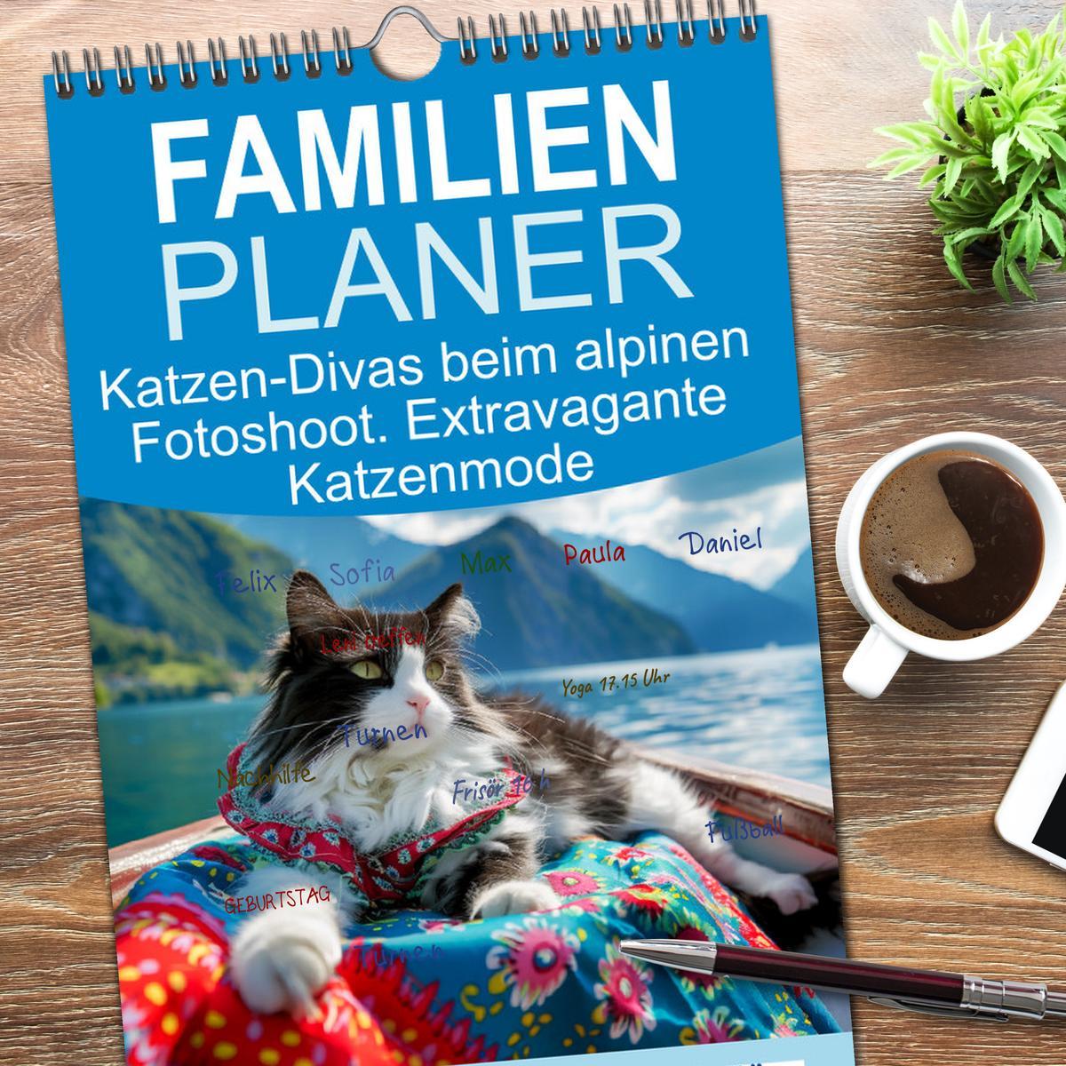 Bild: 9783457192894 | Familienplaner 2025 - Katzen-Divas beim alpinen Fotoshoot....