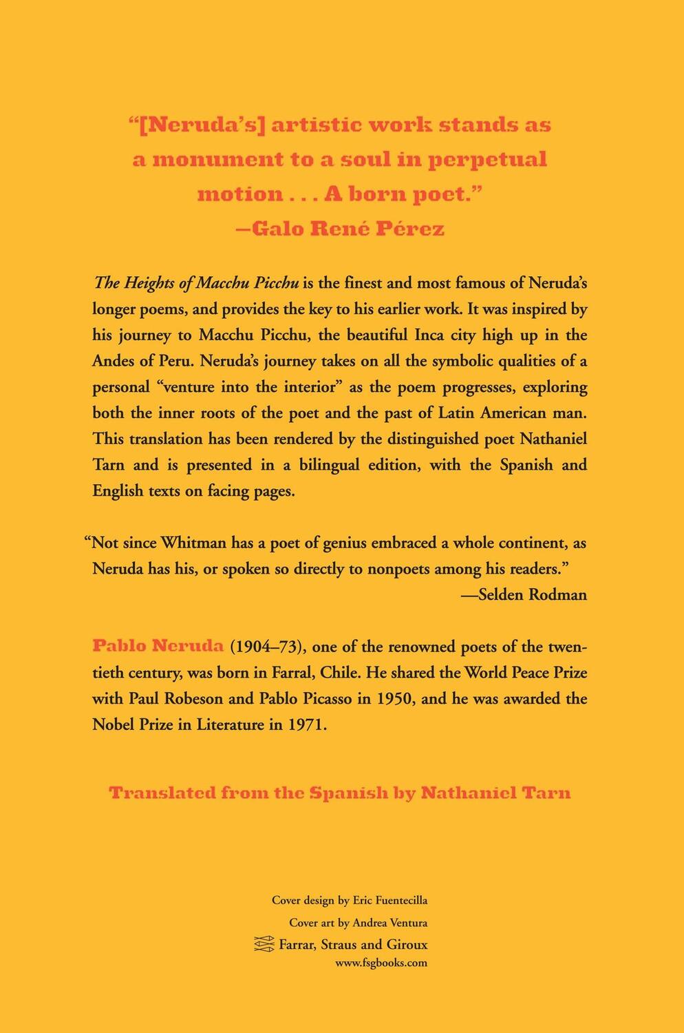 Rückseite: 9780374506483 | The Heights of Macchu Picchu | A Bilingual Edition | Pablo Neruda