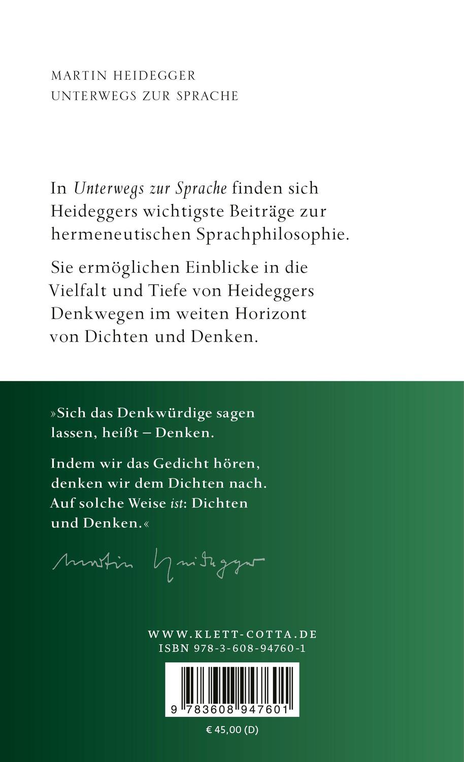 Rückseite: 9783608947601 | Unterwegs zur Sprache | Martin Heidegger | Buch | 392 S. | Deutsch
