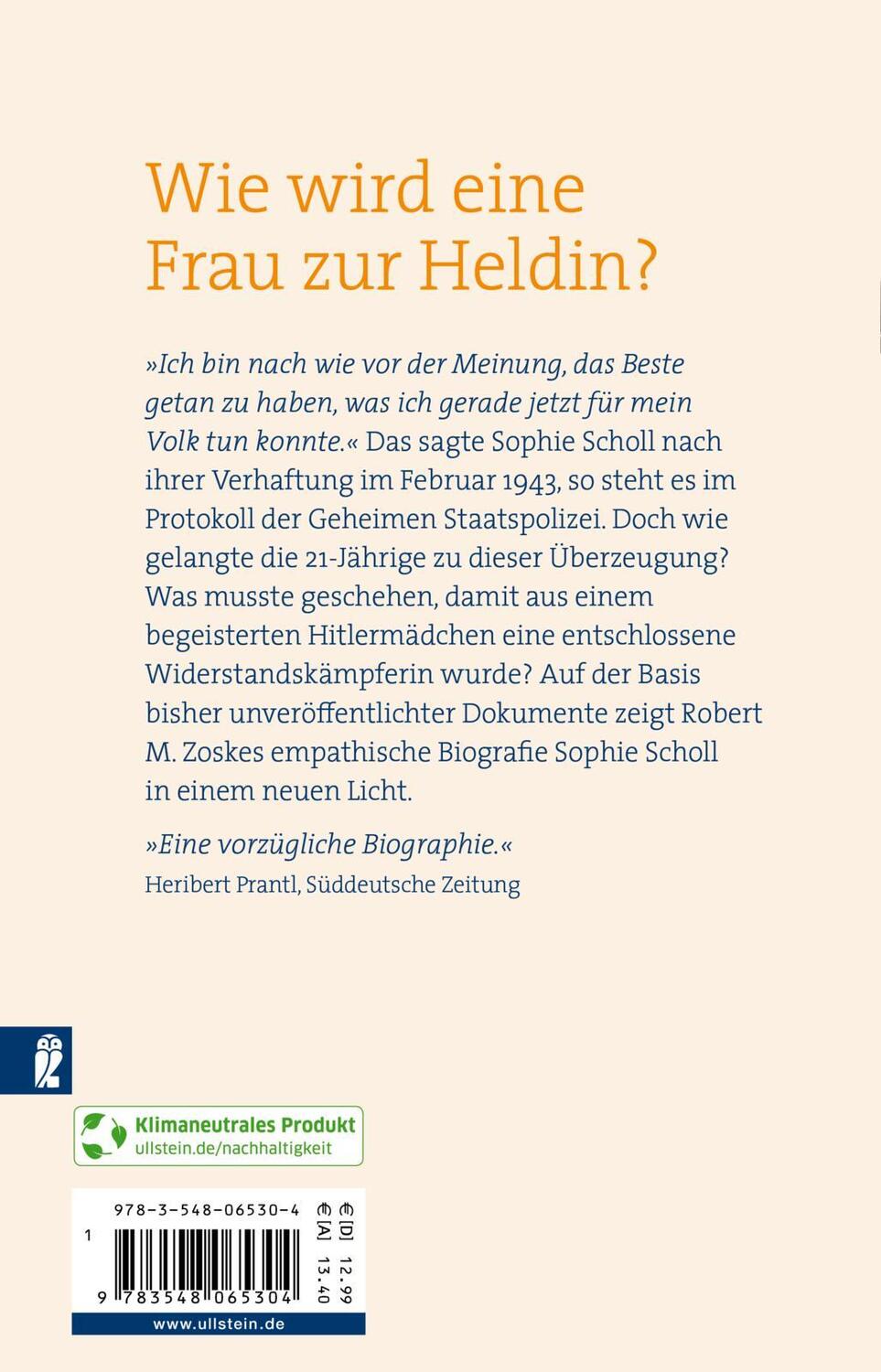 Rückseite: 9783548065304 | Sophie Scholl: Es reut mich nichts | Porträt einer Widerständigen