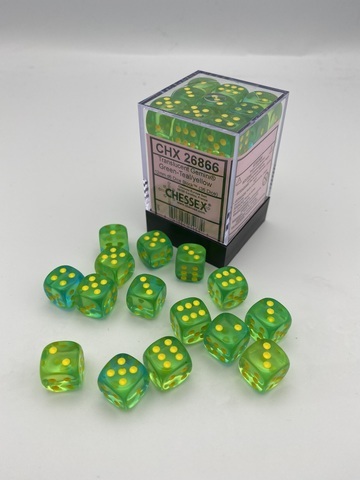 Cover: 601982034634 | Gemini® 12mm d6 Translucent Green-Teal/yellow Dice Block™ (36 dice)