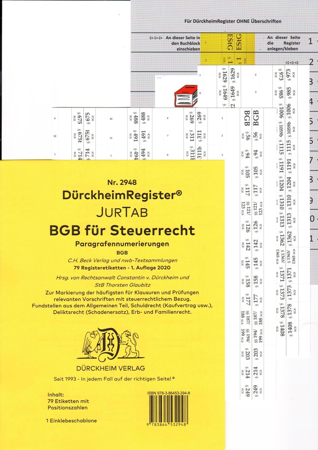 Cover: 9783864532948 | DürckheimRegister® BGB im Steuerrecht 2022, Gesetze und §§ , OHNE...