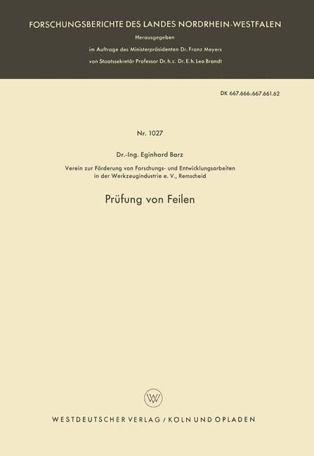 Cover: 9783663041016 | Prüfung von Feilen | Eginhard Barz | Taschenbuch | Paperback | 60 S.