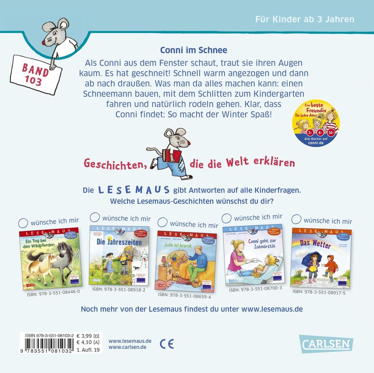 Rückseite: 9783551081032 | LESEMAUS 103: Conni im Schnee | Liane Schneider | Taschenbuch | 24 S.