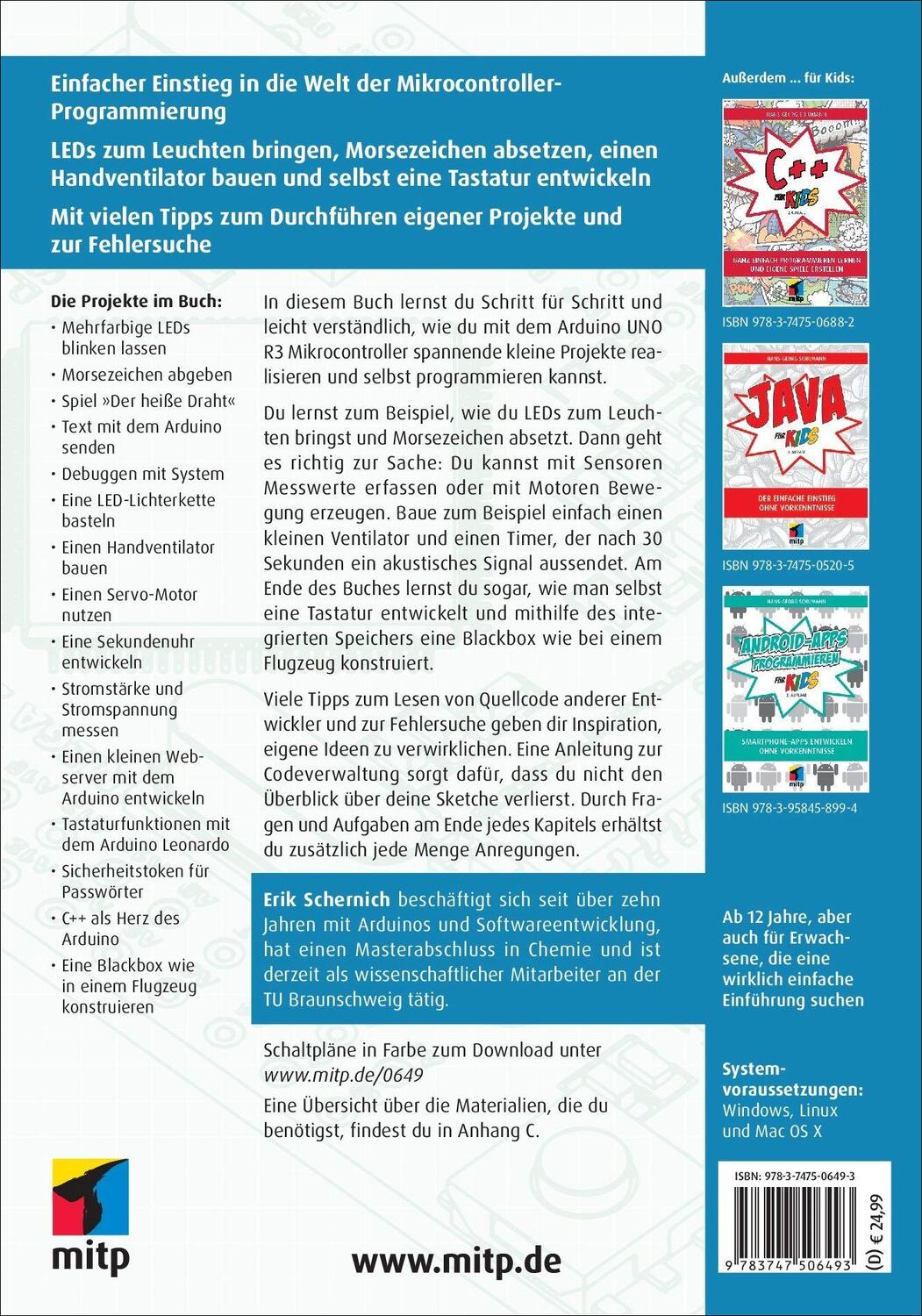 Rückseite: 9783747506493 | Arduino für Kids | Erik Schernich | Taschenbuch | mitp für Kids | 2023