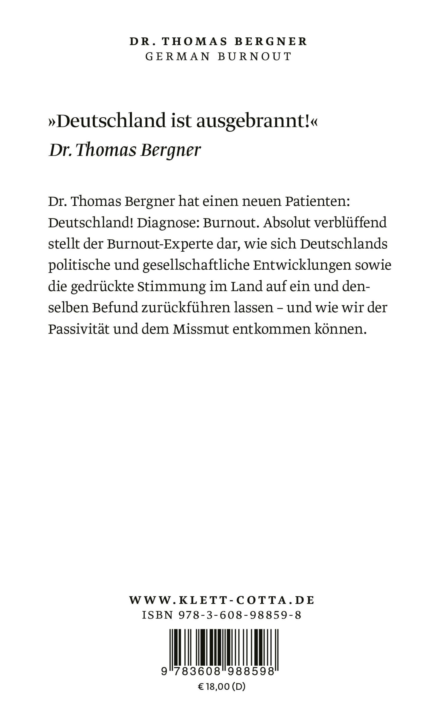 Rückseite: 9783608988598 | German Burnout | Thomas Bergner | Taschenbuch | 272 S. | Deutsch