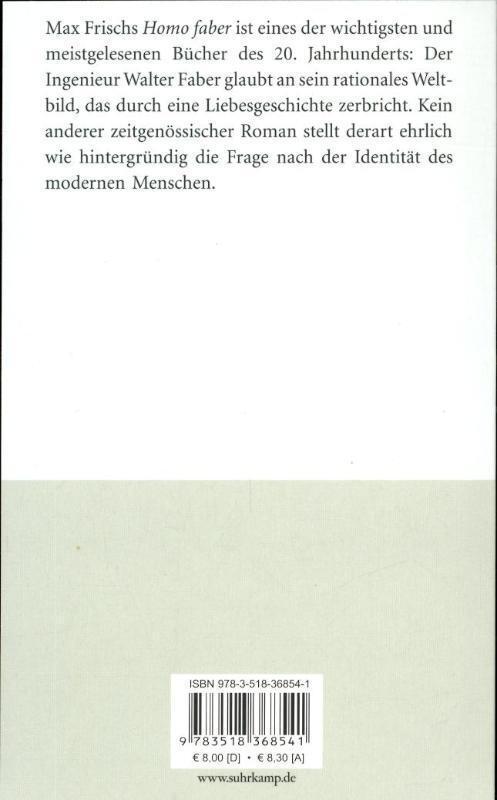 Rückseite: 9783518368541 | Homo faber | Max Frisch | Taschenbuch | Deutsch | 2001