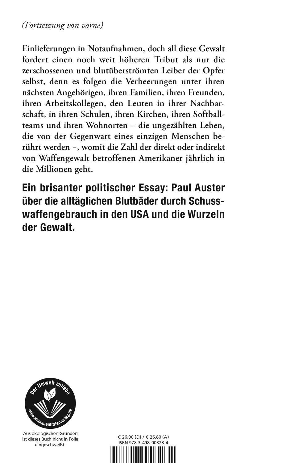 Rückseite: 9783498003234 | Bloodbath Nation | Paul Auster (u. a.) | Buch | 192 S. | Deutsch