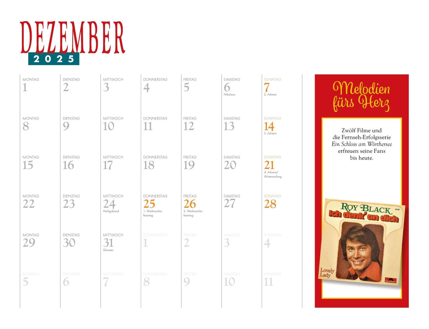 Bild: 9783966648530 | Roy Black Kalender 2025 | Melodien fürs Herz | Kalender | 14 S. | 2025