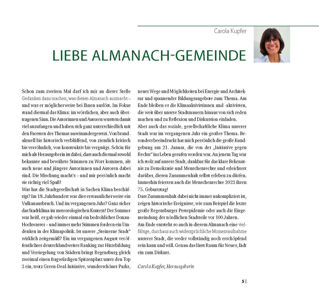 Bild: 9783955874377 | Regensburger Almanach 2024 | Gutes Stadtklima | Carola Kupfer | Buch