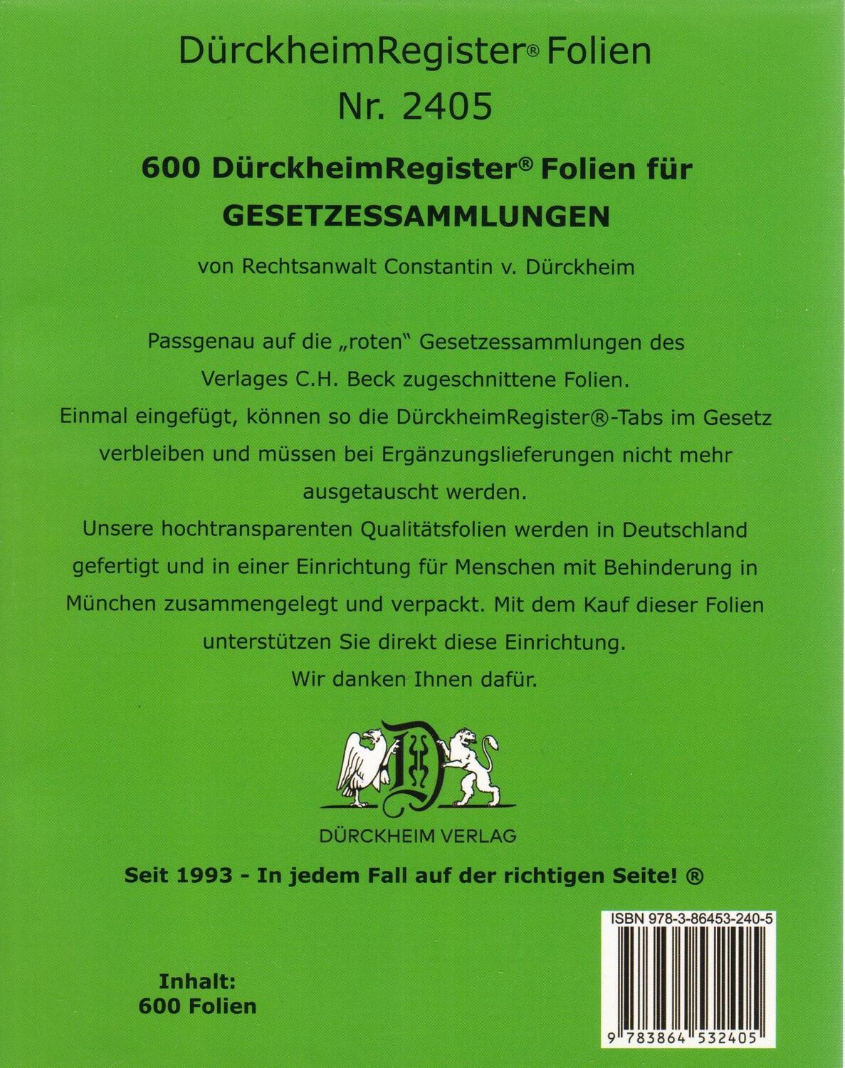 Cover: 9783864532405 | 600 DürckheimRegister®-FOLIEN für STEUERGESETZE u.a; zum Einheften...