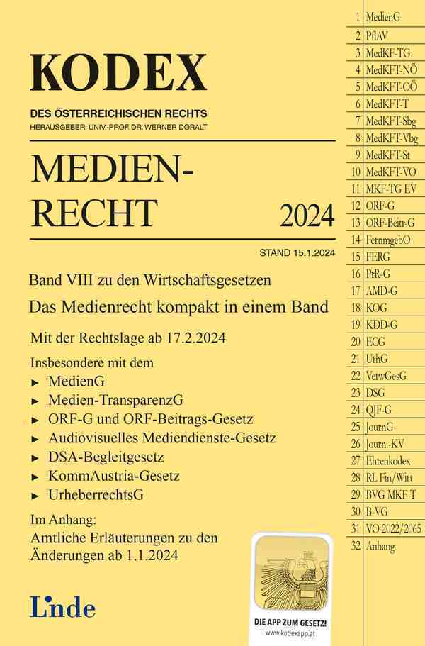 Cover: 9783707349092 | KODEX Medienrecht | Wirtschaftsgesetze Band VIII | Meinhard Ciresa