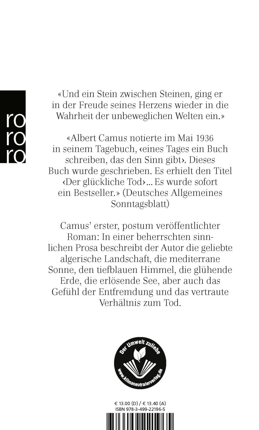 Rückseite: 9783499221965 | Der glückliche Tod | Albert Camus | Taschenbuch | Deutsch | 1997