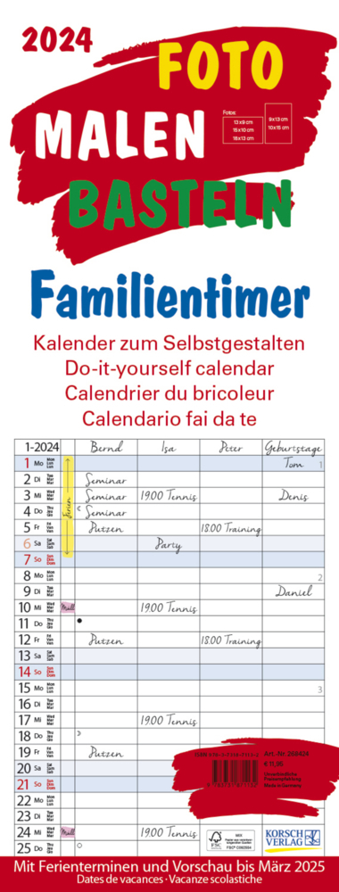 Cover: 9783731871132 | Foto-Malen-Basteln Familientimer 2024 | Korsch Verlag | Kalender