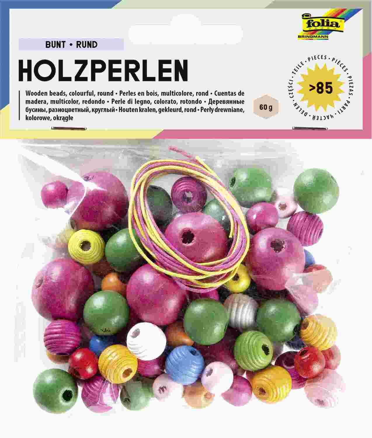 Cover: 4001868061895 | Folia Holzperlen BUNT RUND, 60g/&gt;85 Teile &amp; 2x Schnüre à 85cm | 2297