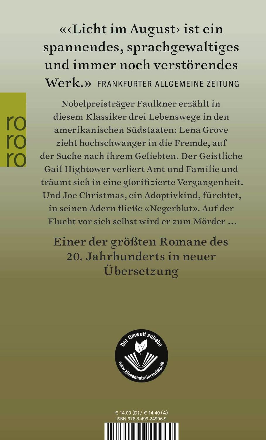 Rückseite: 9783499249969 | Licht im August | William Faulkner | Taschenbuch | 480 S. | Deutsch