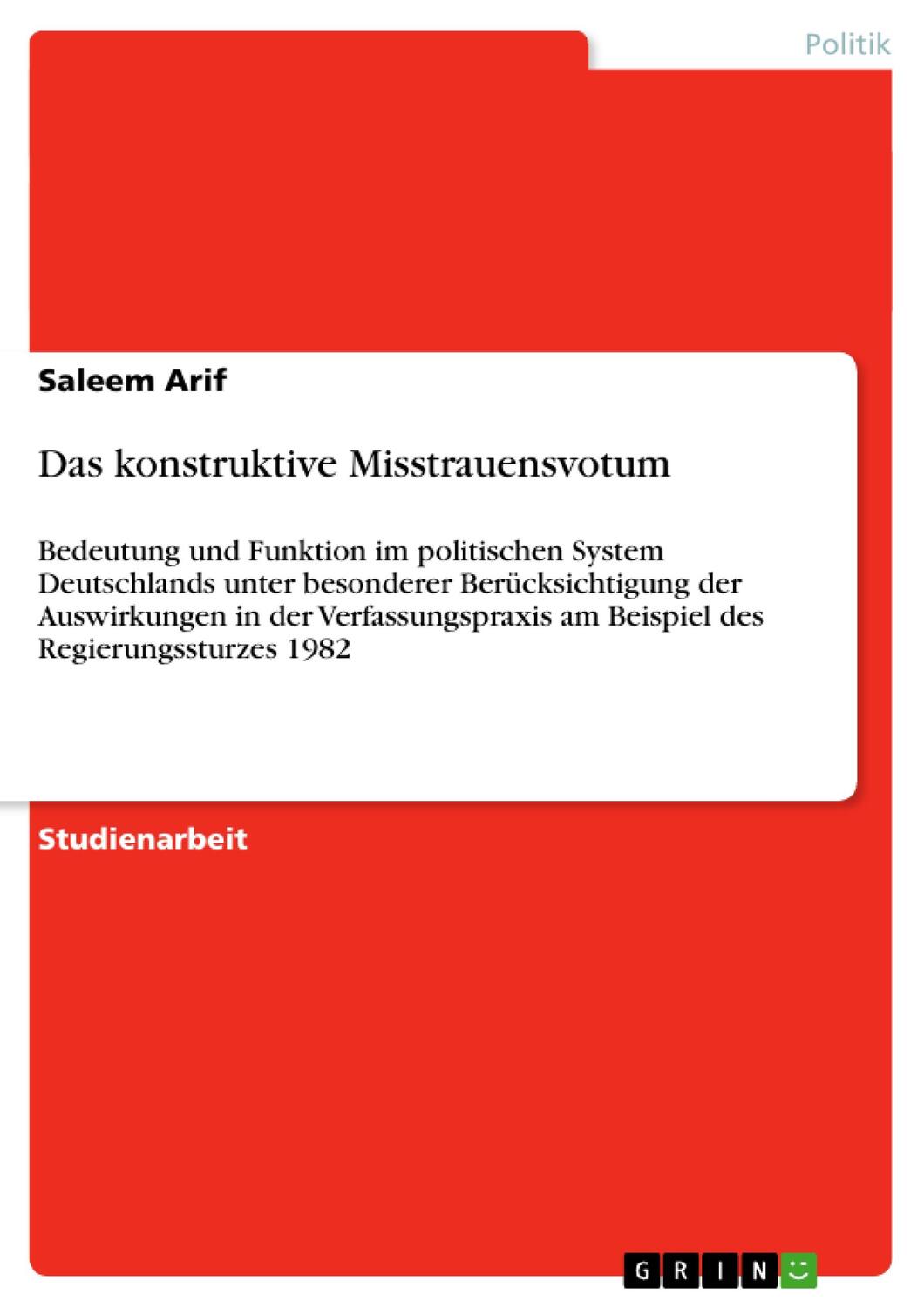 Cover: 9783656442837 | Das konstruktive Misstrauensvotum | Saleem Arif | Taschenbuch | 36 S.