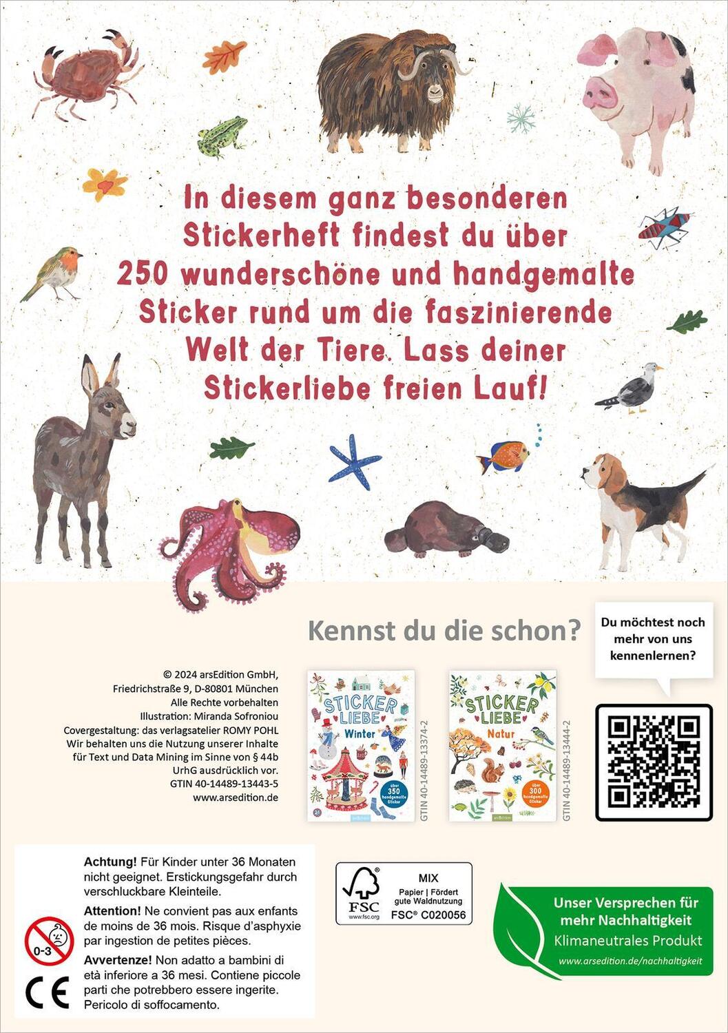 Rückseite: 4014489134435 | Stickerliebe - Tiere | Über 250 handgemalte Sticker | Sofroniou | 2024