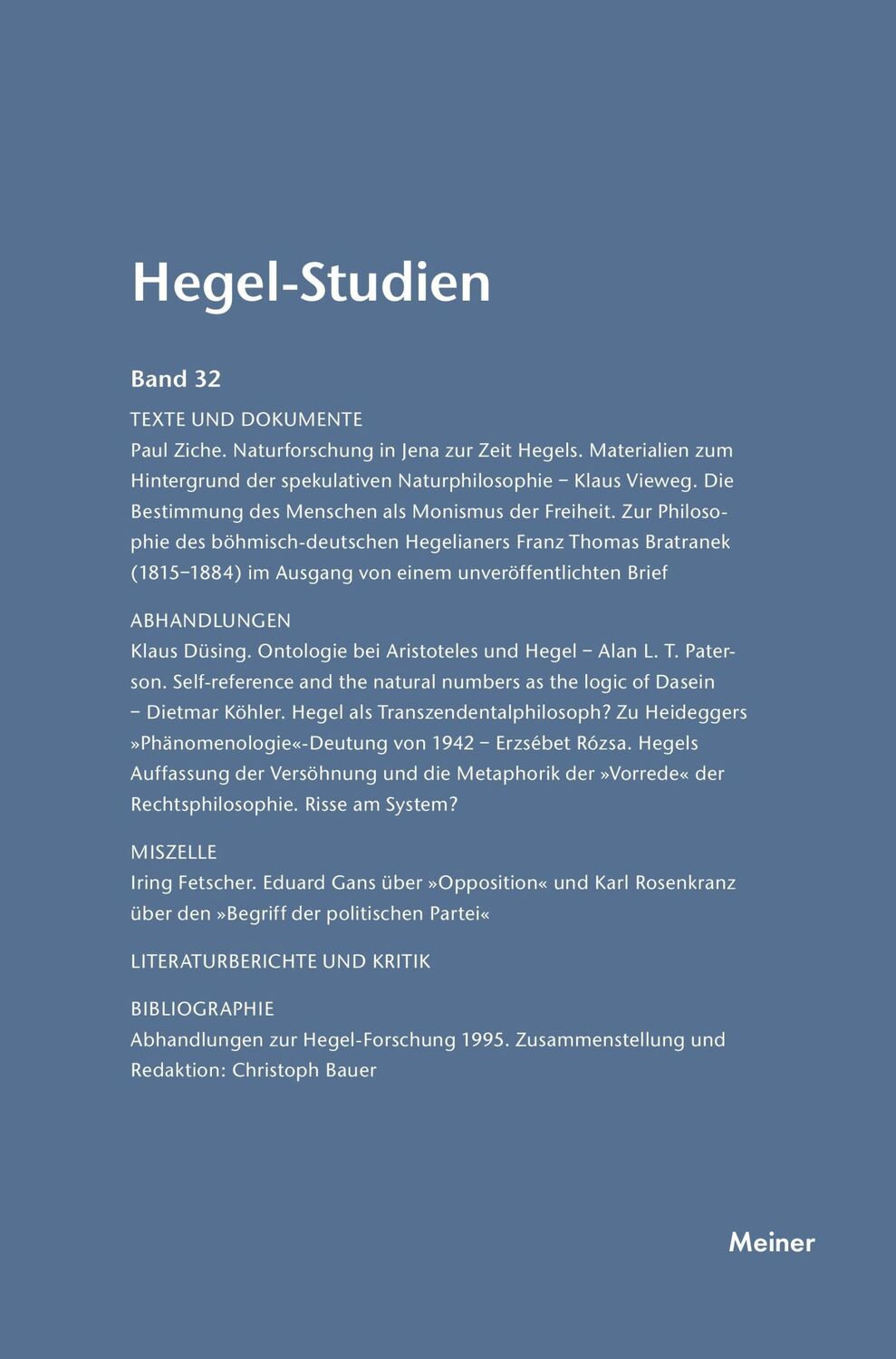 Cover: 9783787314966 | Hegel-Studien / Hegel-Studien Band 32 (1997) | Otto Pöggeler | Buch