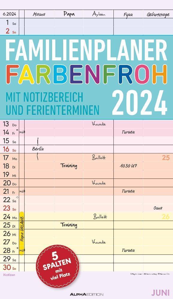 Cover: 4251732336295 | Familienplaner Farbenfroh 2024 mit 5 Spalten - Familienkalender...