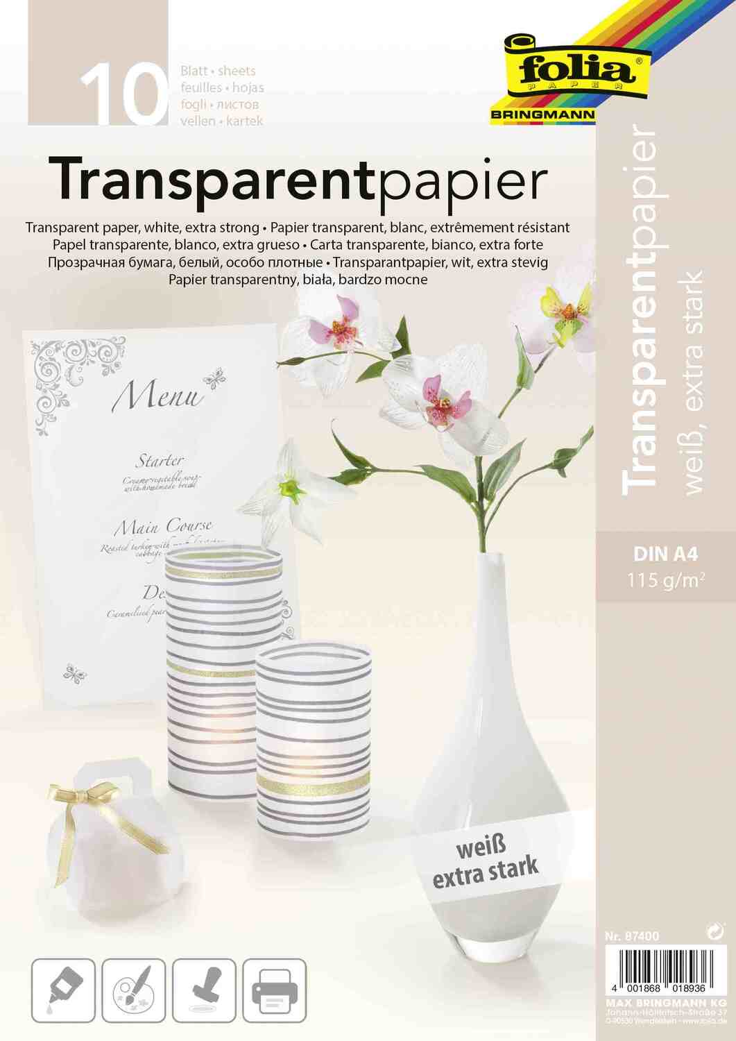 Cover: 4001868018936 | Folia Transparentpapier 115g/m², DIN A4, 10 Blatt , weiß | 87400