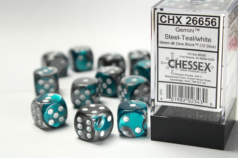 Cover: 601982023430 | Gemini® 16mm d6 Steel-Teal/white Dice Block™ (12 dice) | deutsch