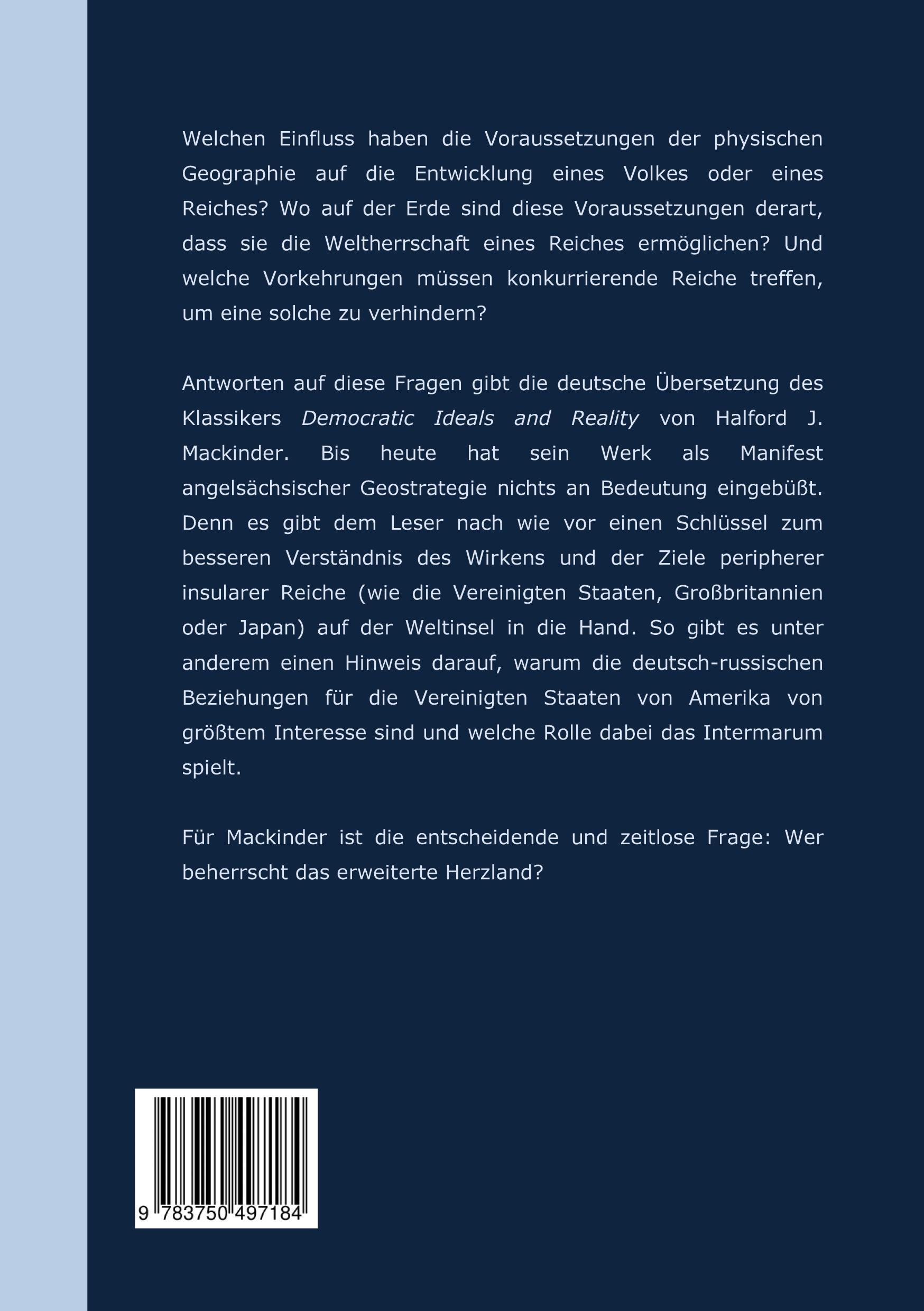 Rückseite: 9783750497184 | Demokratische Ideale und Wirklichkeit | Halford J. Mackinder | Buch