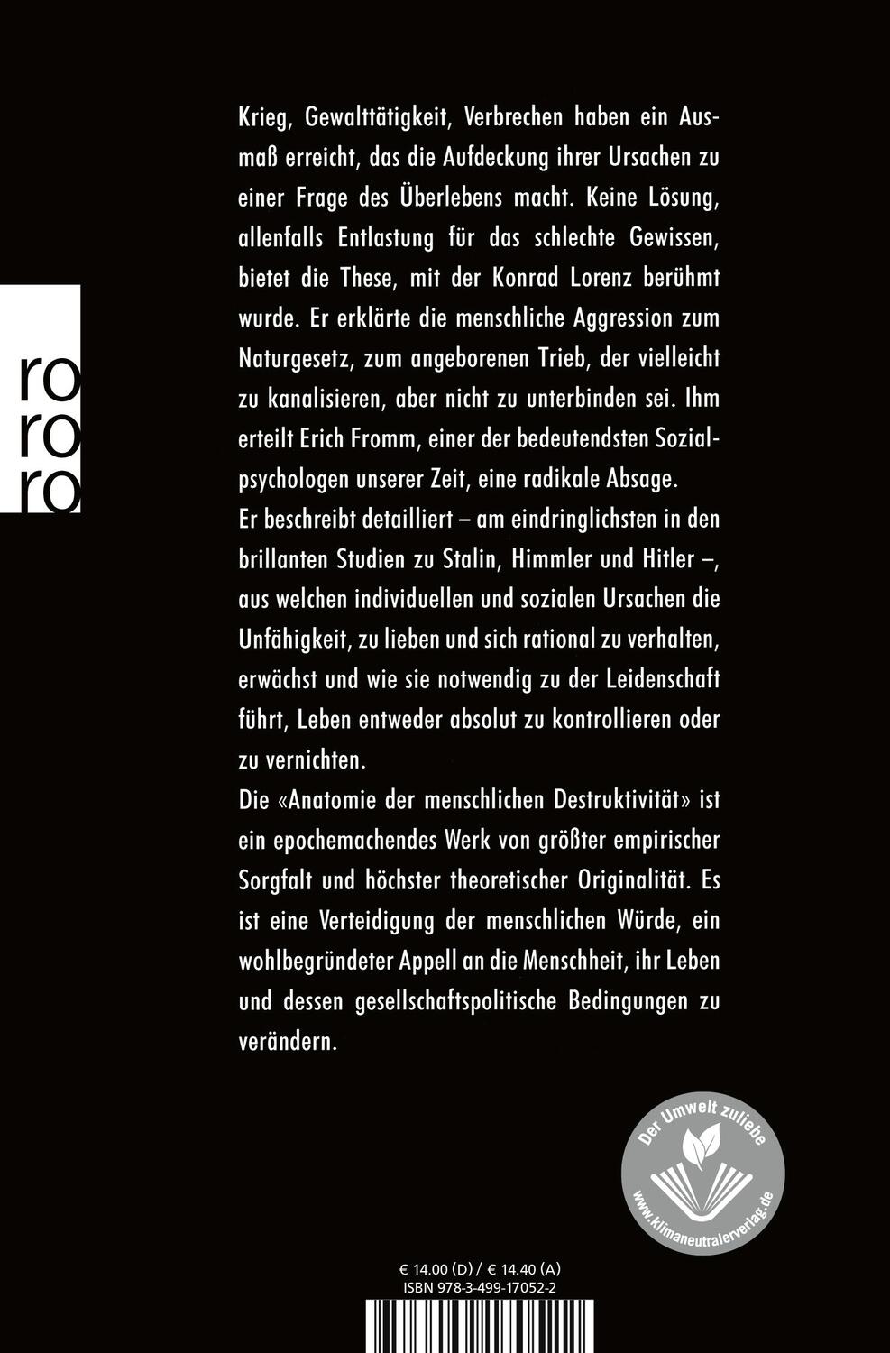 Rückseite: 9783499170522 | Anatomie der menschlichen Destruktivität | Erich Fromm | Taschenbuch