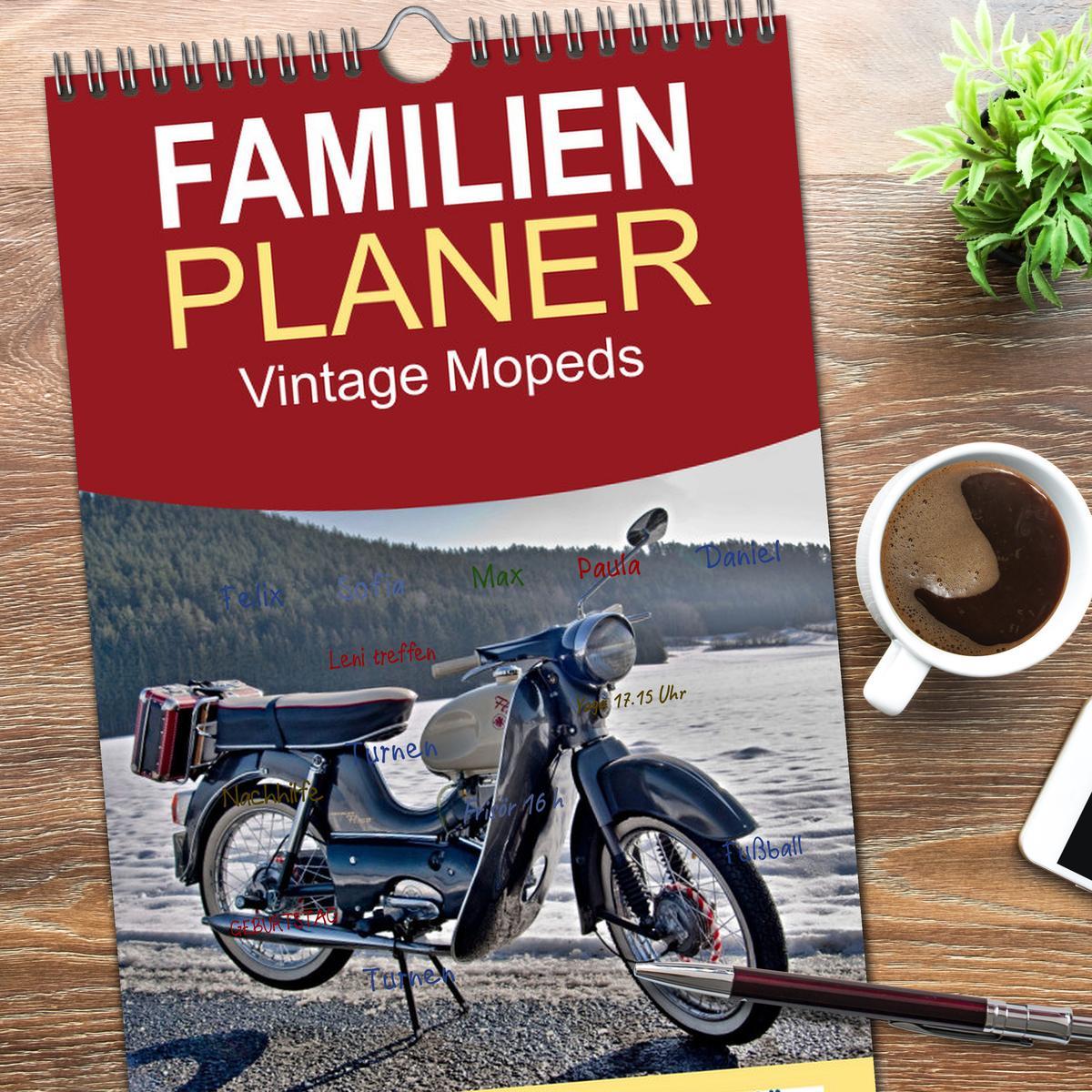 Bild: 9783457099605 | Familienplaner 2025 - Vintage Mopeds mit 5 Spalten (Wandkalender,...