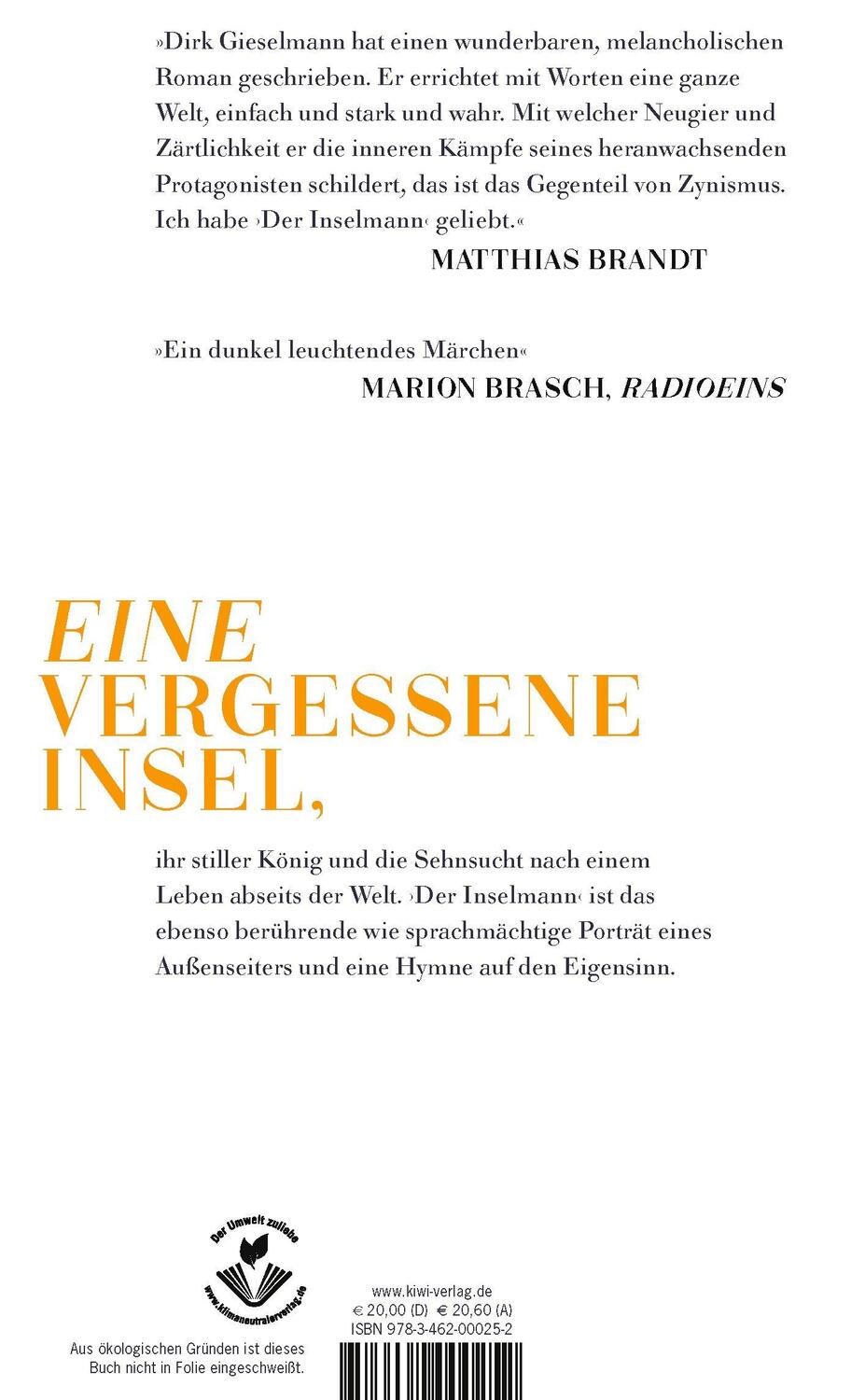 Rückseite: 9783462000252 | Der Inselmann | Roman | Dirk Gieselmann | Buch | 172 S. | Deutsch