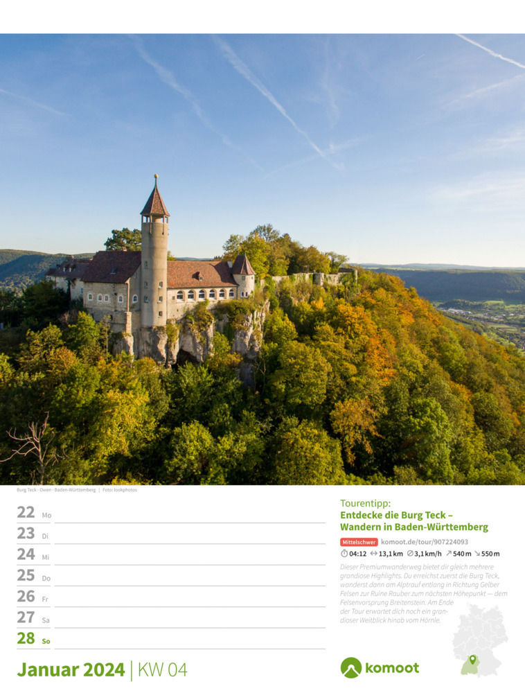 Bild: 9783838434278 | Deutschland ist wanderbar! Komoot - Wochenplaner Kalender 2024 | 56 S.