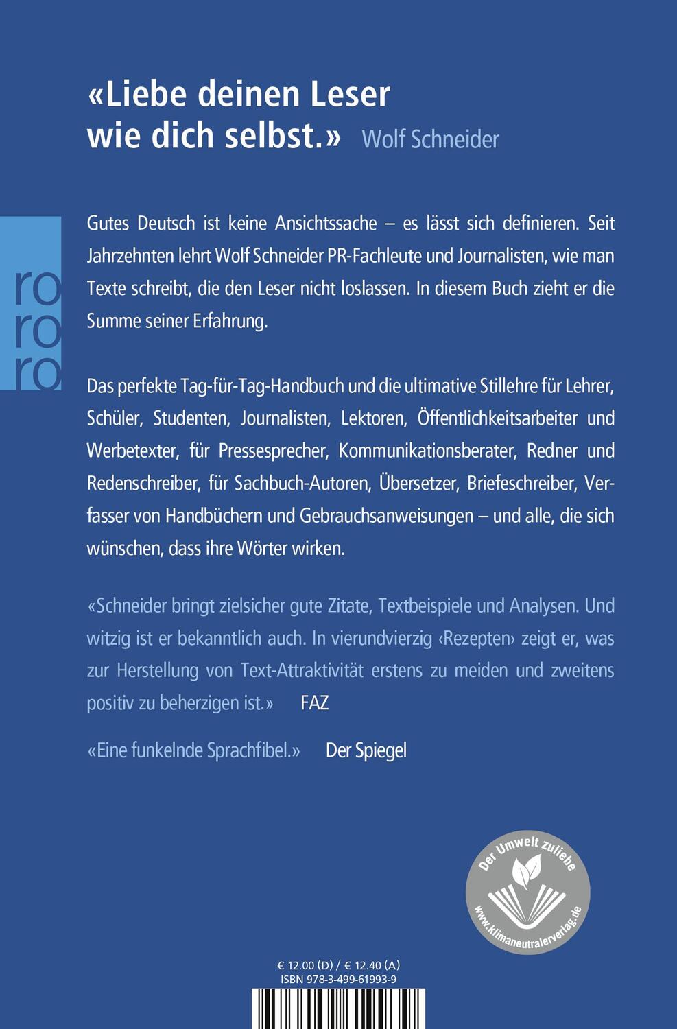 Rückseite: 9783499619939 | Deutsch! | Das Handbuch für attraktive Texte | Wolf Schneider | Buch