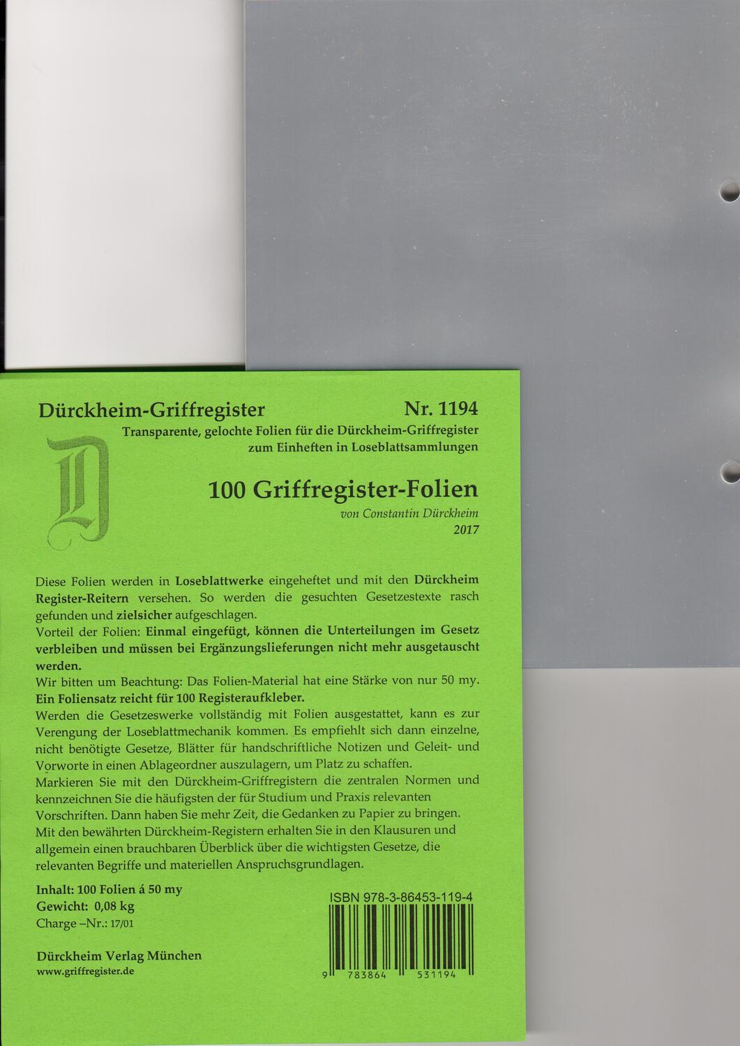 Cover: 9783864531194 | 100 DürckheimRegister®-FOLIEN für STEUERGESETZE u.a; zum Einheften...