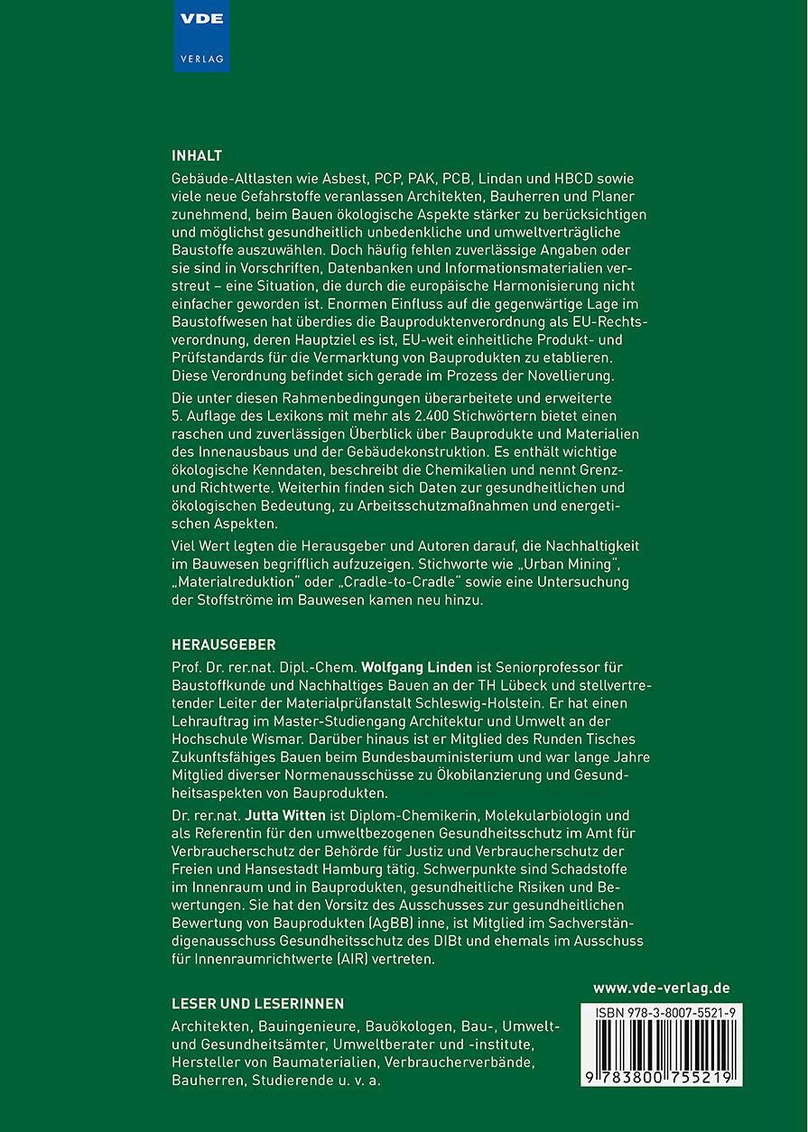 Rückseite: 9783800755219 | Ökologisches Baustoff-Lexikon | Wolfgang Linden (u. a.) | Buch | 2023