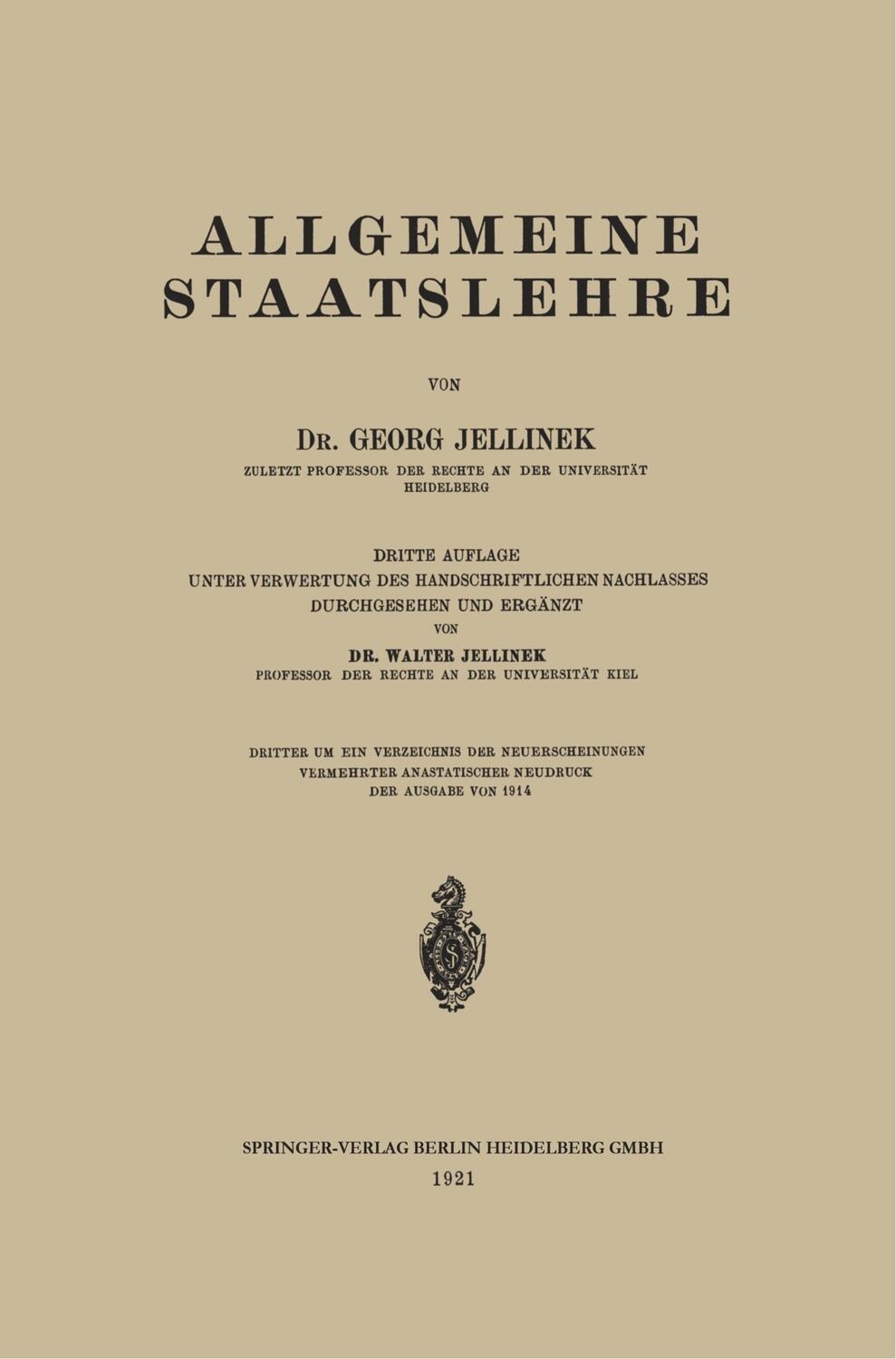 Cover: 9783662428221 | Allgemeine Staatslehre | Walter Jellinek (u. a.) | Taschenbuch