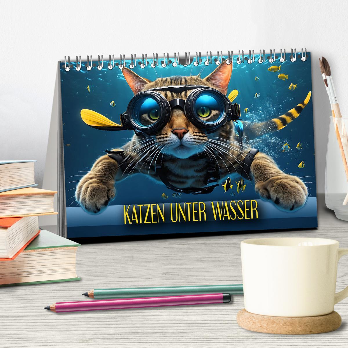 Bild: 9783383843945 | Katzen unter Wasser (Tischkalender 2025 DIN A5 quer), CALVENDO...