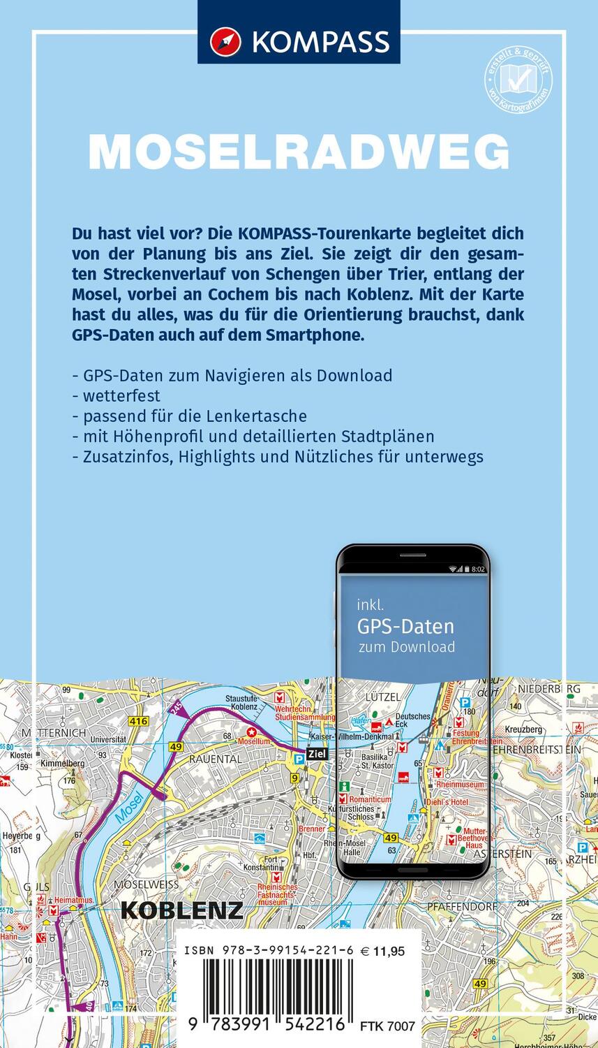 Rückseite: 9783991542216 | KOMPASS Fahrrad-Tourenkarte Moselradweg von Schengen nach Koblenz...