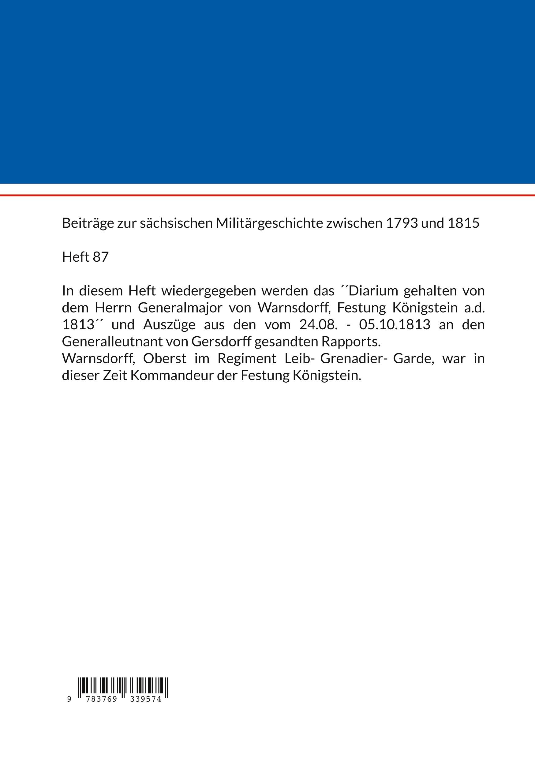 Rückseite: 9783769339574 | Tagebuch des Generalmajors von Warnsdorf | 28.07. - 03.12.1813 | Titze