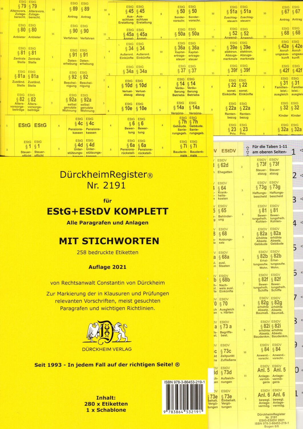 Cover: 9783864532191 | DürckheimRegister® EStG+EStDV KOMPLETT alle §§ MIT STICHWORTEN | Stück