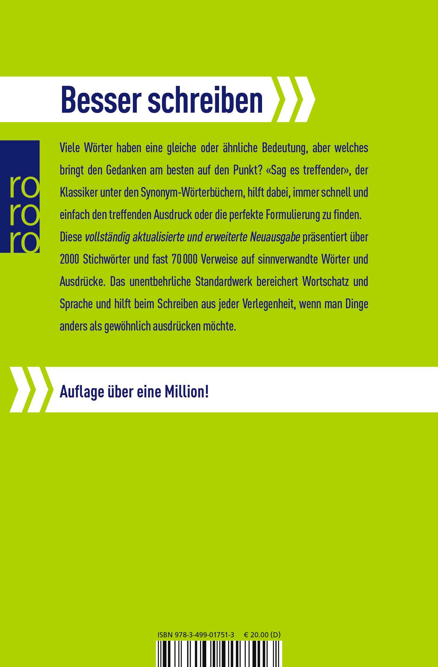 Rückseite: 9783499017513 | Sag es treffender | Das Synonym-Wörterbuch für den täglichen Gebrauch